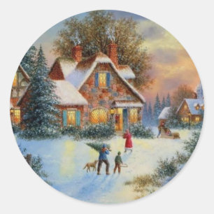 Christmas Winter Play Time Classic Round Sticker