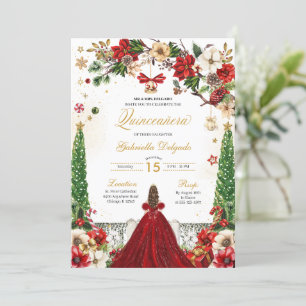 Christmas Winter Poinsettia Red Gold Quinceanera Invitation