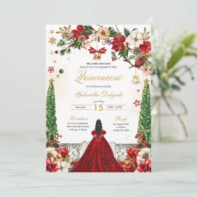 Christmas Winter Poinsettia Red Gold Quinceanera Invitation (Standing Front)