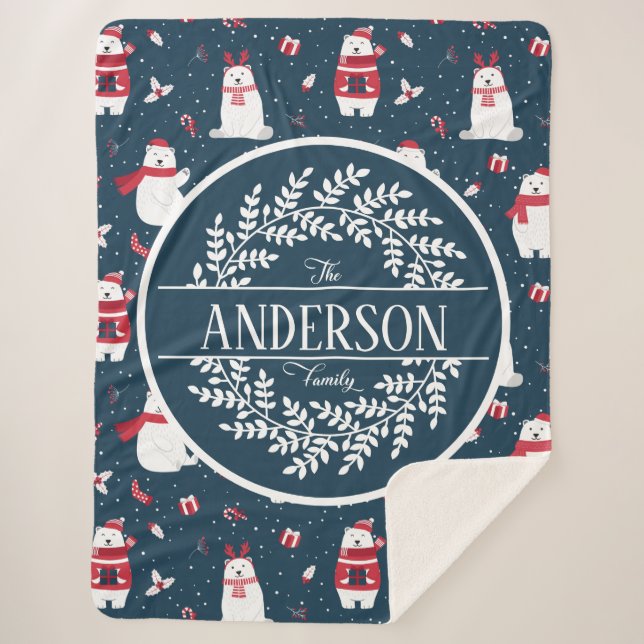 CHRISTMAS WINTER POLAR BEAR FAMILY MONOGRAM SHERPA BLANKET (Front)