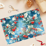 Christmas Winter Red Berries and Pine Branches  Tissue Paper<br><div class="desc">This tissue paper features a festive and elegant design, perfect for holiday gift wrapping. The background is a soothing gradient of blue, evoking a winter sky. The pattern consists of beautifully illustrated branches adorned with clusters of vibrant red berries and lush green pine needles. Interspersed among the pine branches are...</div>