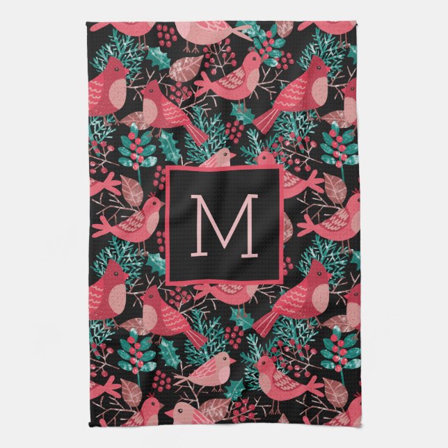 Christmas Winter Red Bird Berries Holiday Tea Towel (Vertical)