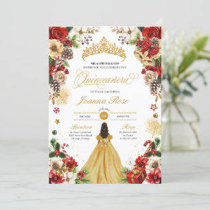 Christmas Winter Red & Gold Poinsettia Quinceanera Invitation