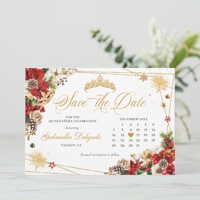 Christmas Winter Red Gold Poinsettia Save The Date Invitation (Standing Front)