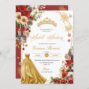 Christmas Winter Red & Gold Poinsettia Sweet 16 Invitation