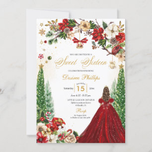 Christmas Winter Red Gold Poinsettia Sweet Sixteen Invitation