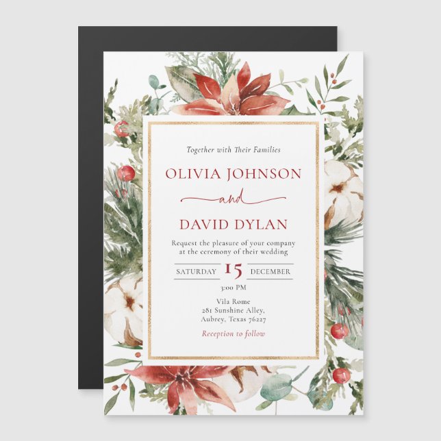 Christmas Winter Red Green Gold Wedding Magnetic Invitation (Front/Back)