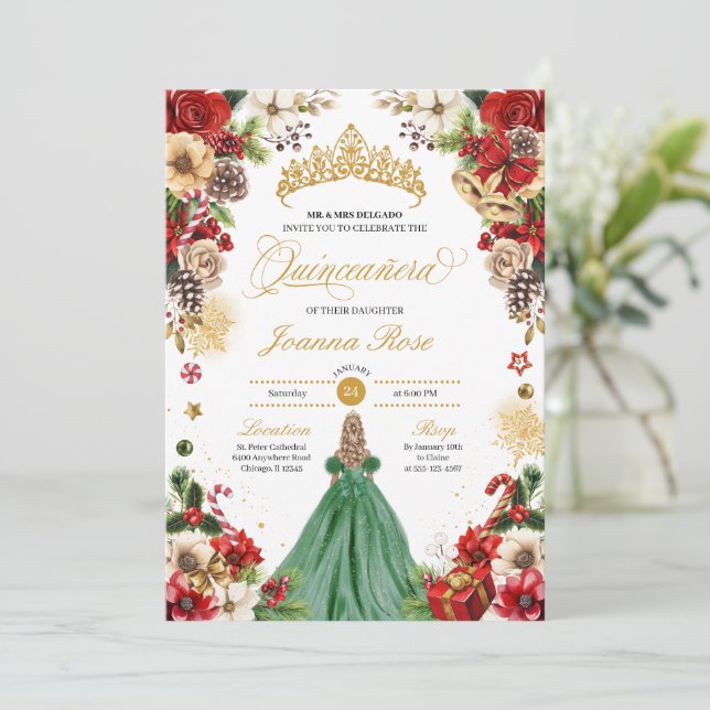 Christmas Winter Red Green Poinsettia Quinceanera Invitation (Standing Front)