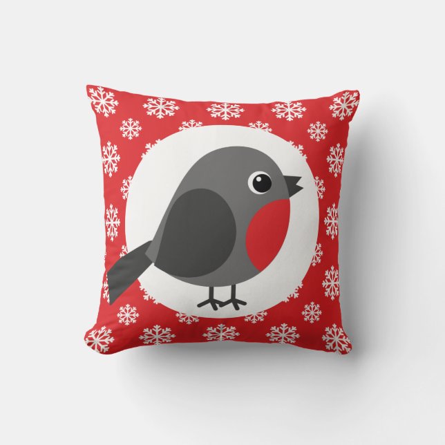 Christmas / Winter Robin Snowflakes Red Cushion (Front)