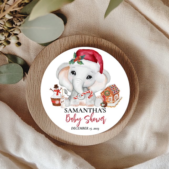 Christmas Winter Santa Baby Elephant Shower  Classic Round Sticker (Creator Uploaded)