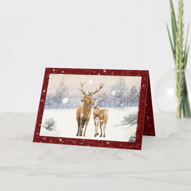Christmas Winter Scene Deer Snow Nature Christmas Holiday Card (Front)