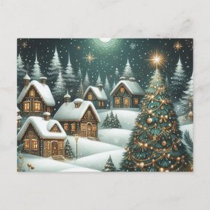 Christmas winter scene village & starry night postcard