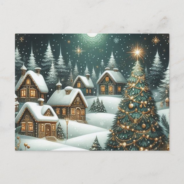 Christmas winter scene village & starry night postcard (Front)