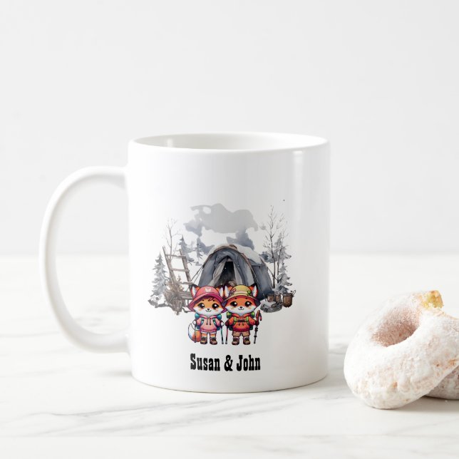 Christmas Winter Snow Camping Newlywed Couple Fox Coffee Mug (With Donut)