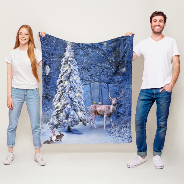 Christmas Winter Snow Covered Tree Lights Fleece Blanket (In Situ)