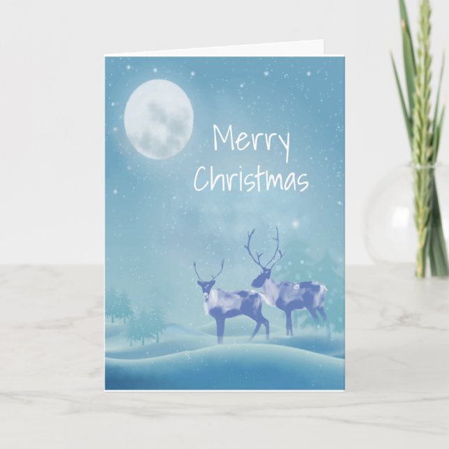 Christmas Winter Snow Full  Moon Reindeer Animal Holiday Card (Front)