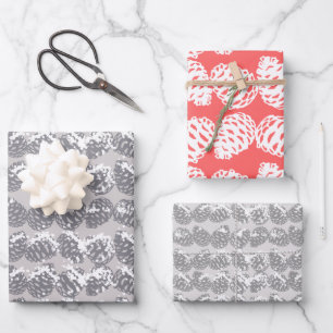 Christmas Winter Snow Pine Cones Red Grey Wrapping Paper Sheet
