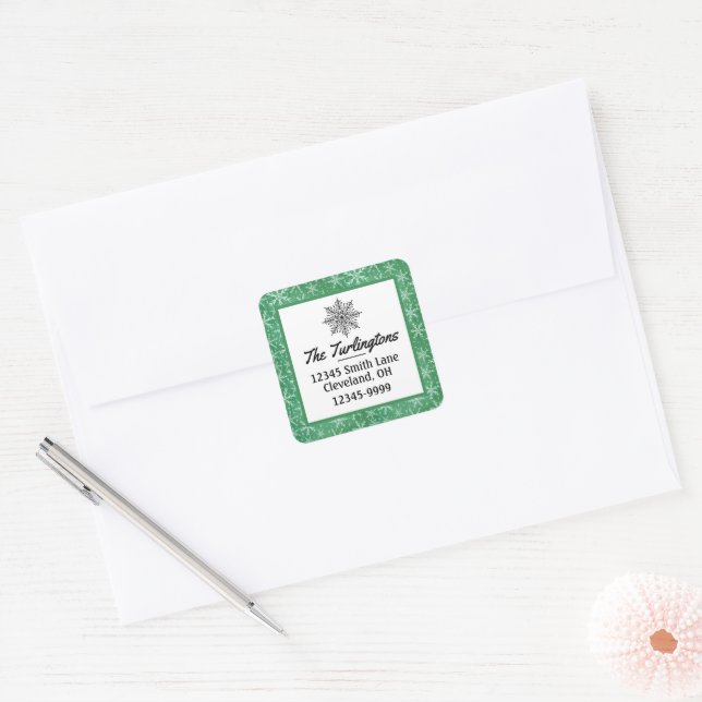 Christmas Winter Snow Snowflakes Falling Green Square Sticker (Envelope)