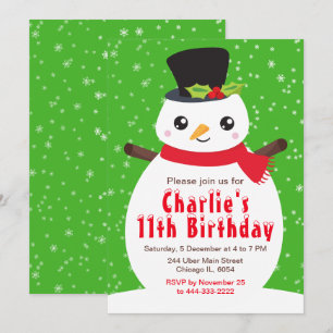 Christmas Winter Snowman Birthday Bright Green Inv Invitation