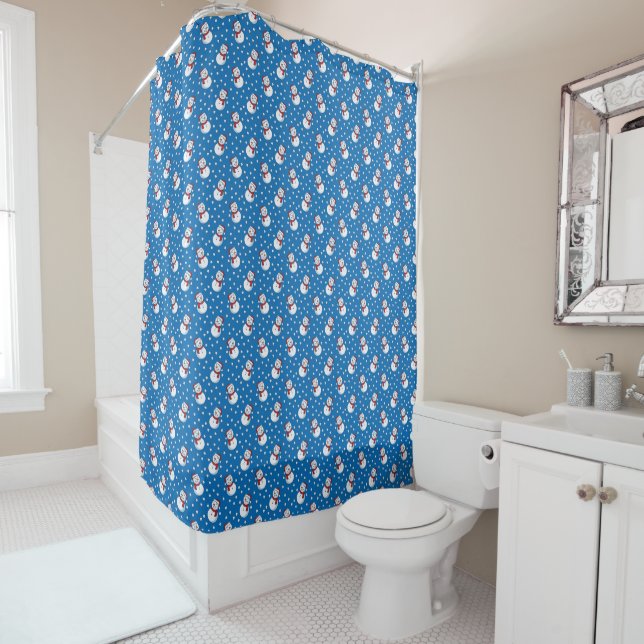 Christmas, Winter Snowman Pattern on Blue Shower Curtain (In Situ)