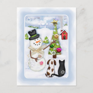 Christmas Winter Snowman & Pets Postcard