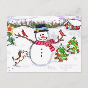 Christmas Winter Snowman & Puppy Dog Postcard