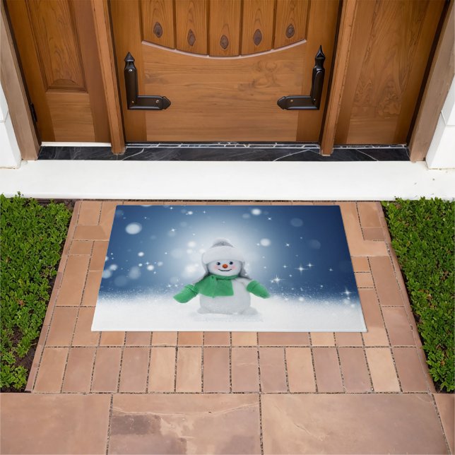 Christmas winter snowman SlipperyJoe green scarf m Doormat (Outdoor)