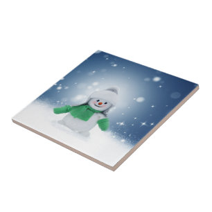 Christmas winter snowman SlipperyJoe green scarf m Tile