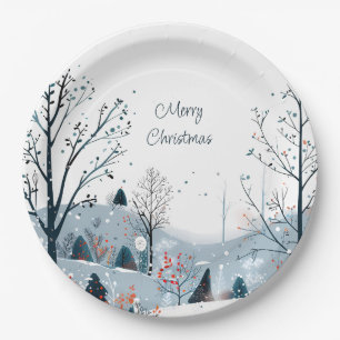 Christmas winter snowy landscape Merry Christmas Paper Plate