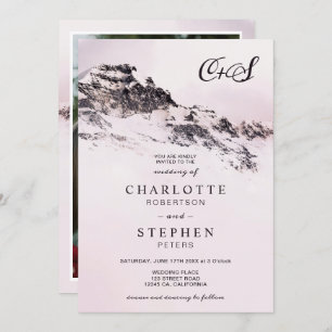 Christmas winter snowy mountain pink wedding photo invitation