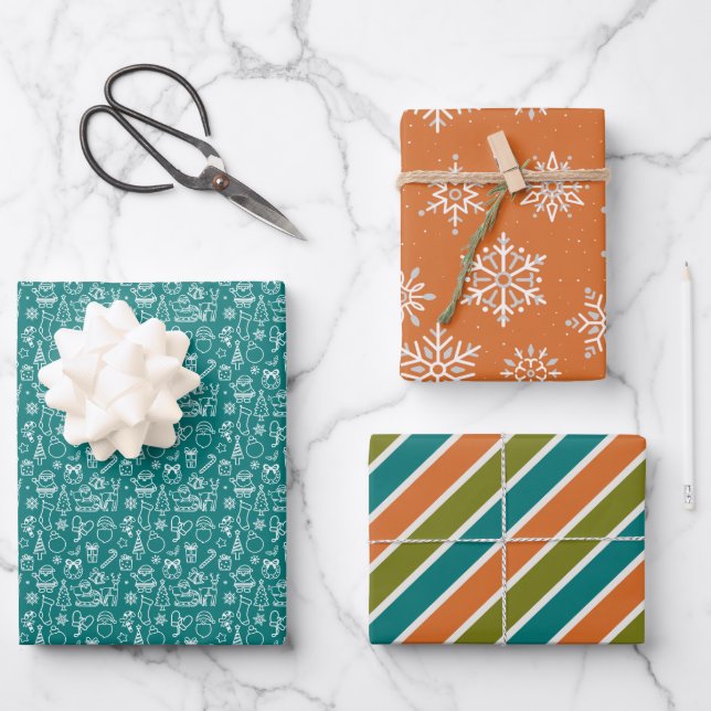 Christmas Winter Themed Orange Teal Olive Holiday Wrapping Paper Sheet (Front)