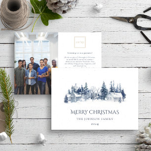 Christmas Winter Village Blue Logo Photo Business Holiday Card