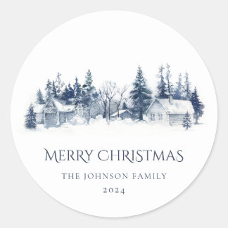 Christmas Winter Village Landscape Blue White Classic Round Sticker