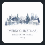Christmas Winter Village Landscape Blue White Square Sticker<br><div class="desc">Christmas winter village landscape blue white Square Sticker. A square sticker in a classic style featuring monochrome winter landscape in navy blue and white colours. Stylish and elegant design.</div>