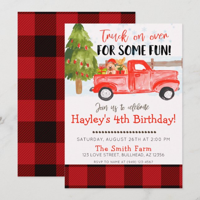 Christmas Winter Vintage Farm Truck Birthday Invitation (Front/Back)