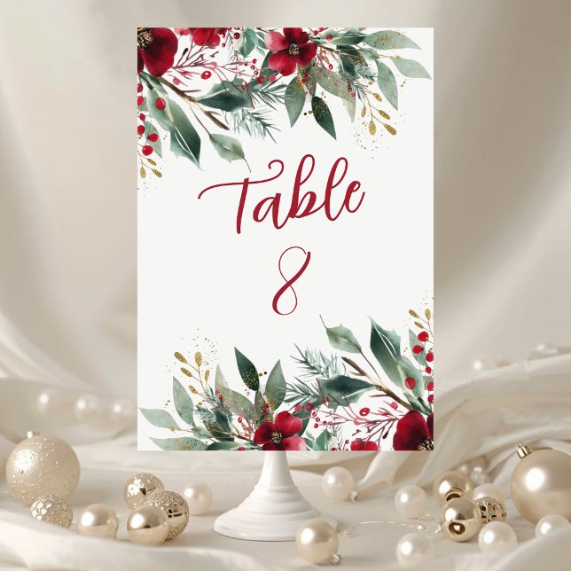 Christmas Winter Wedding Red Holly and Greenery Table Number (Christmas Winter Wedding Red Holly and Greenery Table Number)