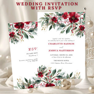 Christmas Winter Wedding Red Holly With RSVP Invitation
