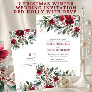 Christmas Winter Wedding Red Holly With RSVP Invitation