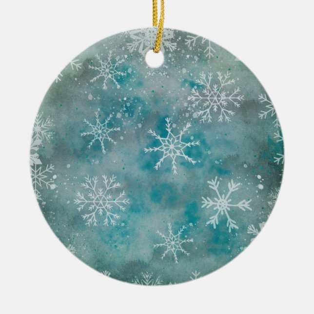 Christmas Winter White Snowflakes On Blue  Ceramic Tree Decoration (Front)