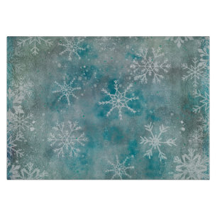 Christmas Winter White Snowflakes On Blue  Cutting Board