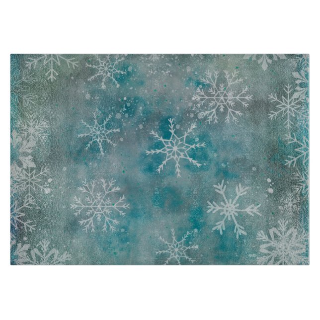 Christmas Winter White Snowflakes On Blue  Cutting Board (Front)
