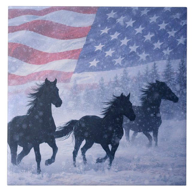 Christmas Winter Wild Horses American Flag Tile (Front)