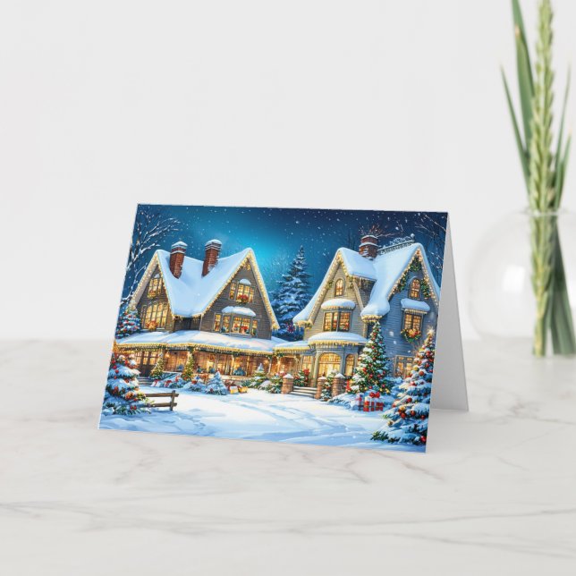 Christmas Winter Wonderland Snowy Cottage Scene Holiday Card (Front)