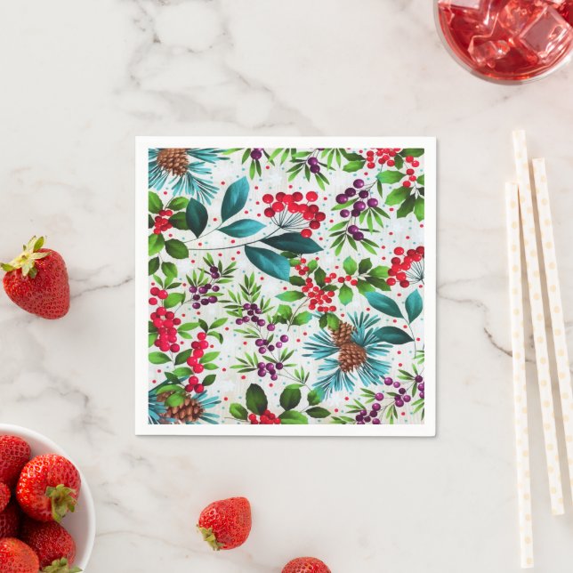 Christmas Winter Wood Nature Holly Berry Pinecones Napkin (Insitu)
