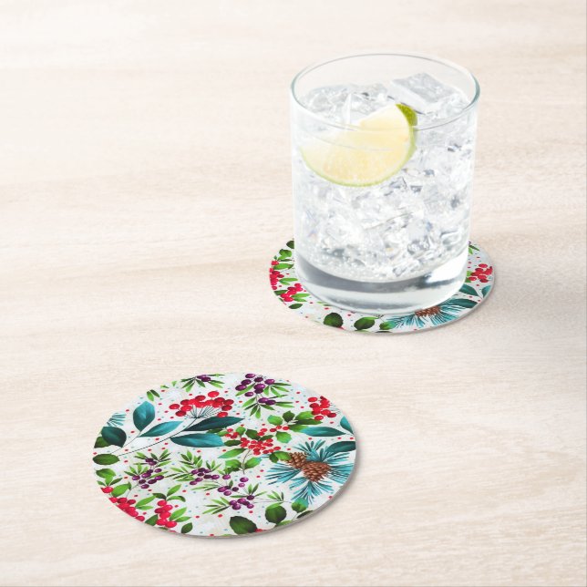 Christmas Winter Wood Nature Holly Berry Pinecones Round Paper Coaster (Insitu)
