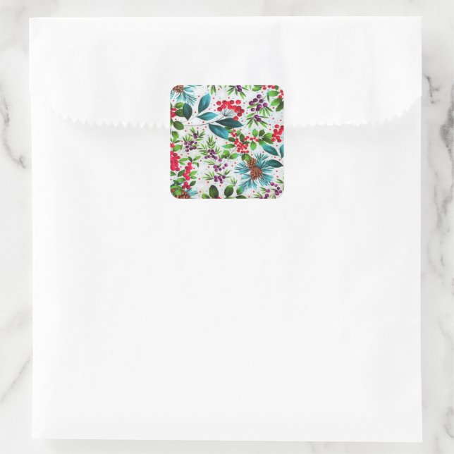 Christmas Winter Wood Nature Holly Berry Pinecones Square Sticker (Bag)