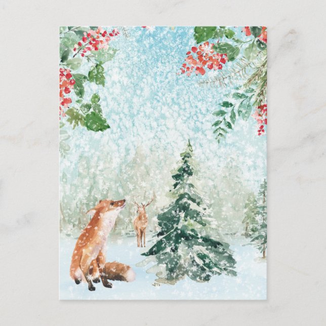 Christmas Winter Woodland Fox & Stag Scene Postcard (Front)