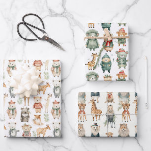 Christmas Winter Zoo Animals in Sweaters Wrapping Paper Sheet