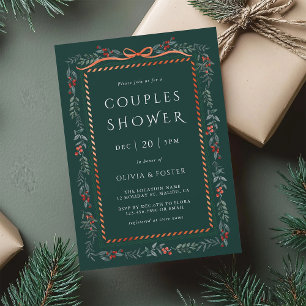 Christmas Winterberry Frame Couples Shower Green Invitation