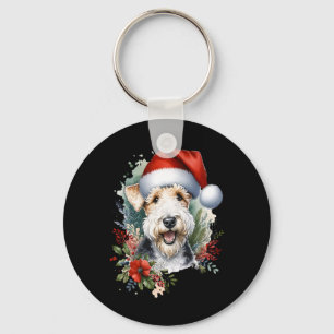 Christmas Wire Fox Terrier Dog Watercolor Artwork  Key Ring